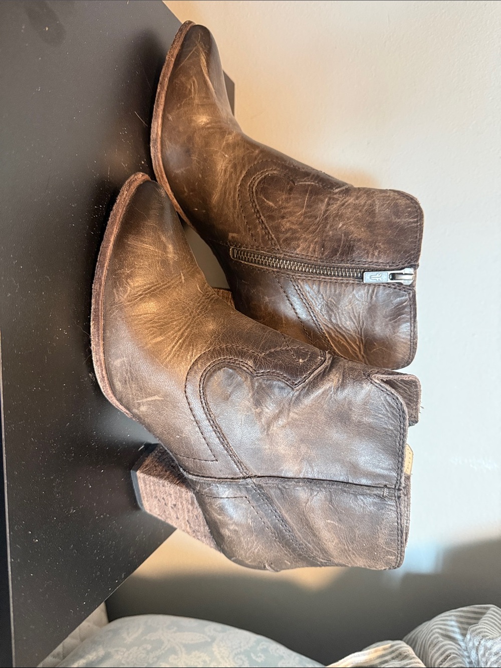 Frye Dark Brown Leather Western Zip Ankle Boots